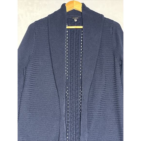 Talbots Ribbed Shawl Collar Cardigan Womens Small Navy Blue Open Knit Sweater - Picture 3 of 10